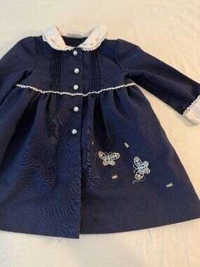Vintage Little Bitty Girls Navy Coat Dress Embroider Butterfly Peter Pan collar